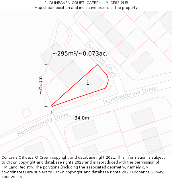 1, DUNRAVEN COURT, CAERPHILLY, CF83 2UR: Plot and title map