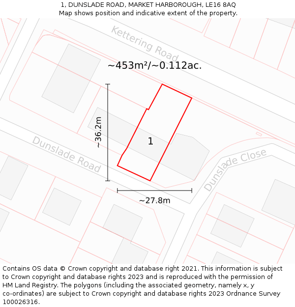 1, DUNSLADE ROAD, MARKET HARBOROUGH, LE16 8AQ: Plot and title map
