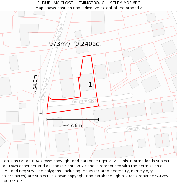 1, DURHAM CLOSE, HEMINGBROUGH, SELBY, YO8 6RG: Plot and title map