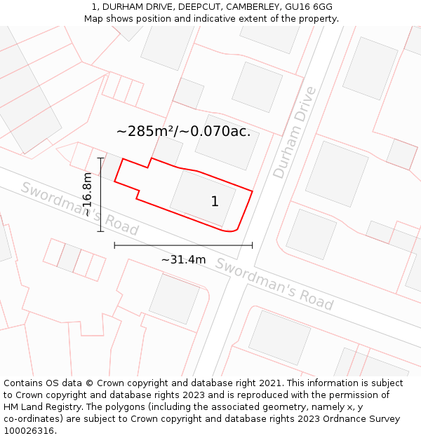 1, DURHAM DRIVE, DEEPCUT, CAMBERLEY, GU16 6GG: Plot and title map