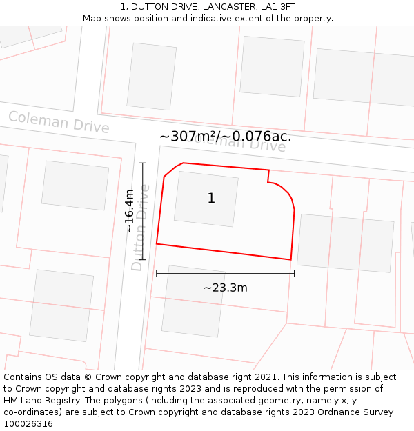 1, DUTTON DRIVE, LANCASTER, LA1 3FT: Plot and title map