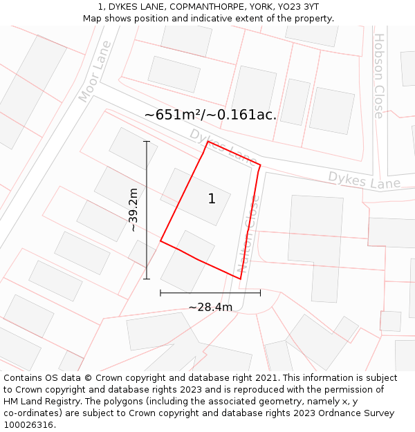 1, DYKES LANE, COPMANTHORPE, YORK, YO23 3YT: Plot and title map
