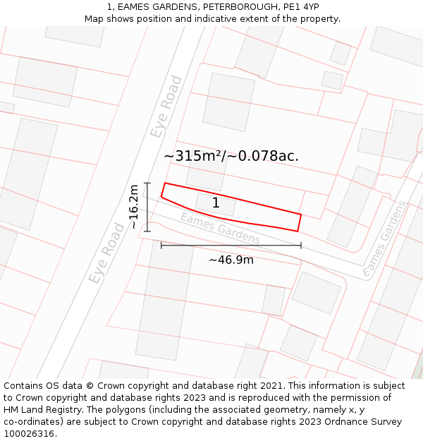 1, EAMES GARDENS, PETERBOROUGH, PE1 4YP: Plot and title map