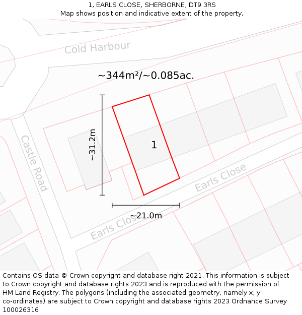 1, EARLS CLOSE, SHERBORNE, DT9 3RS: Plot and title map