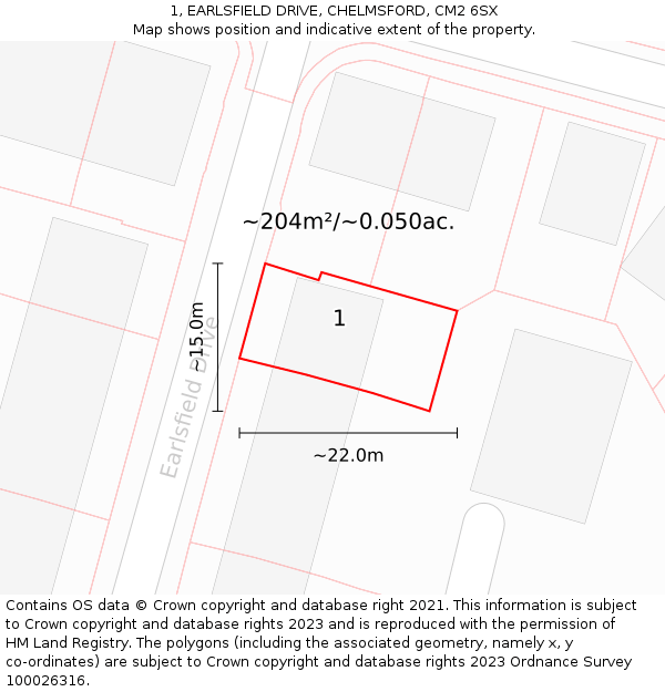 1, EARLSFIELD DRIVE, CHELMSFORD, CM2 6SX: Plot and title map