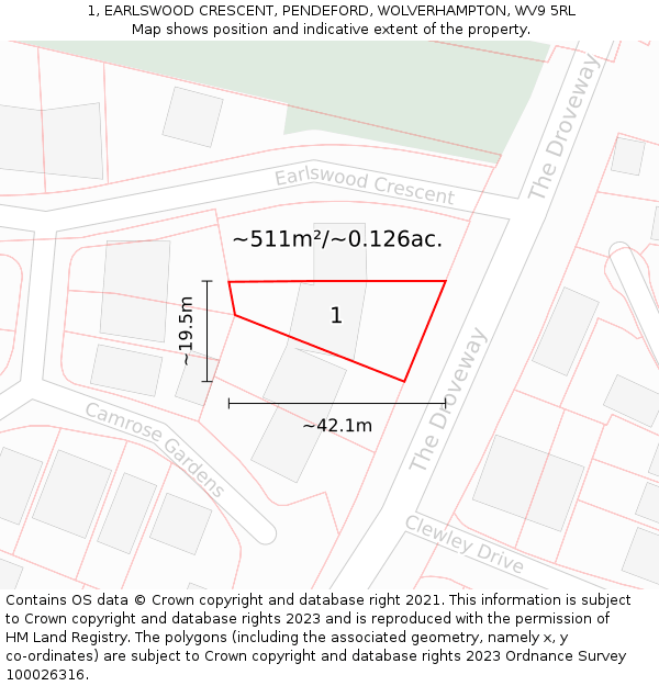 1, EARLSWOOD CRESCENT, PENDEFORD, WOLVERHAMPTON, WV9 5RL: Plot and title map