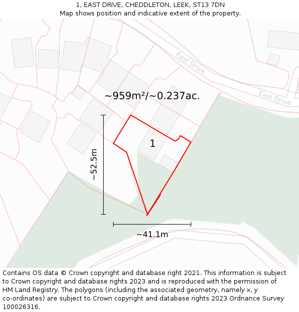 1, EAST DRIVE, CHEDDLETON, LEEK, ST13 7DN: Plot and title map