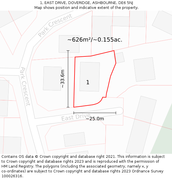 1, EAST DRIVE, DOVERIDGE, ASHBOURNE, DE6 5NJ: Plot and title map