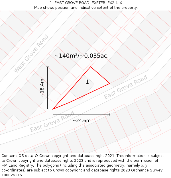 1, EAST GROVE ROAD, EXETER, EX2 4LX: Plot and title map