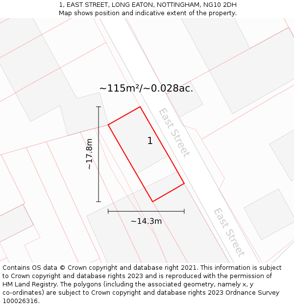 1, EAST STREET, LONG EATON, NOTTINGHAM, NG10 2DH: Plot and title map