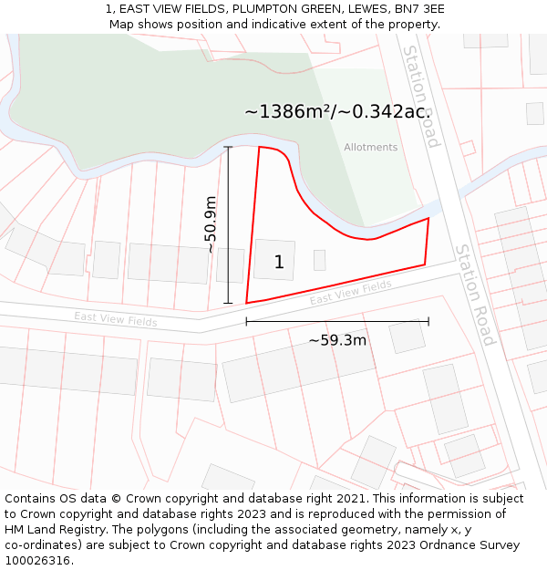 1, EAST VIEW FIELDS, PLUMPTON GREEN, LEWES, BN7 3EE: Plot and title map