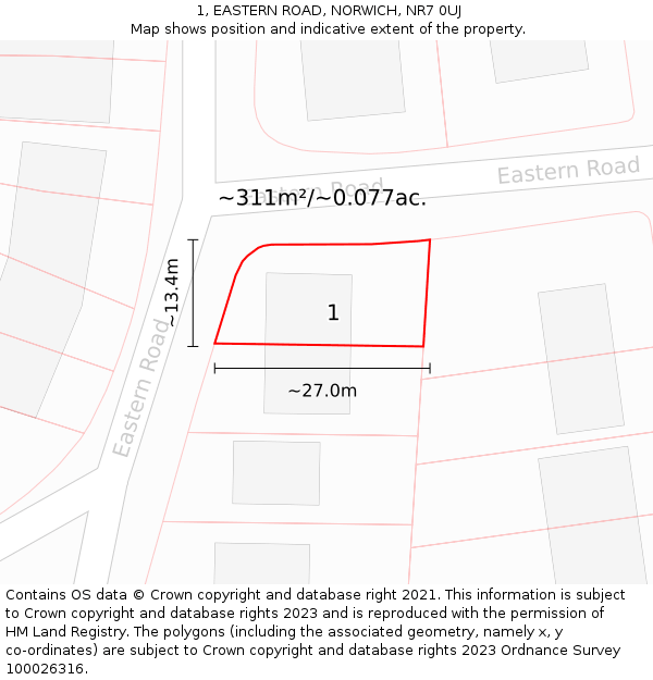 1, EASTERN ROAD, NORWICH, NR7 0UJ: Plot and title map