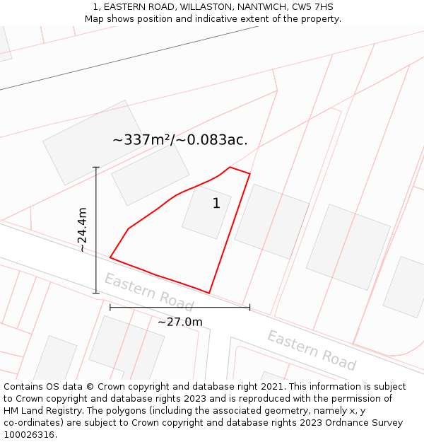 1, EASTERN ROAD, WILLASTON, NANTWICH, CW5 7HS: Plot and title map