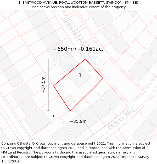1, EASTWOOD AVENUE, ROYAL WOOTTON BASSETT, SWINDON, SN4 8BX: Plot and title map