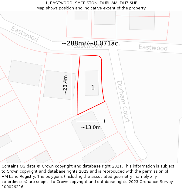 1, EASTWOOD, SACRISTON, DURHAM, DH7 6UR: Plot and title map