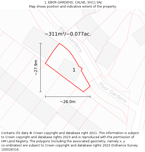 1, EBOR GARDENS, CALNE, SN11 0AJ: Plot and title map