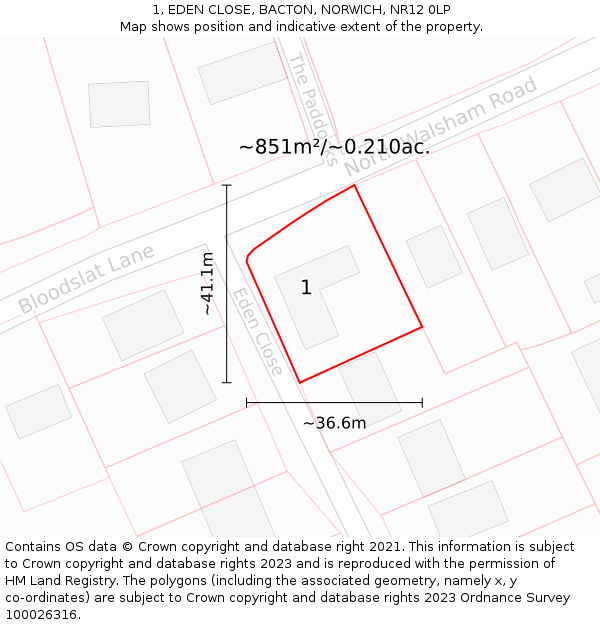 1, EDEN CLOSE, BACTON, NORWICH, NR12 0LP: Plot and title map