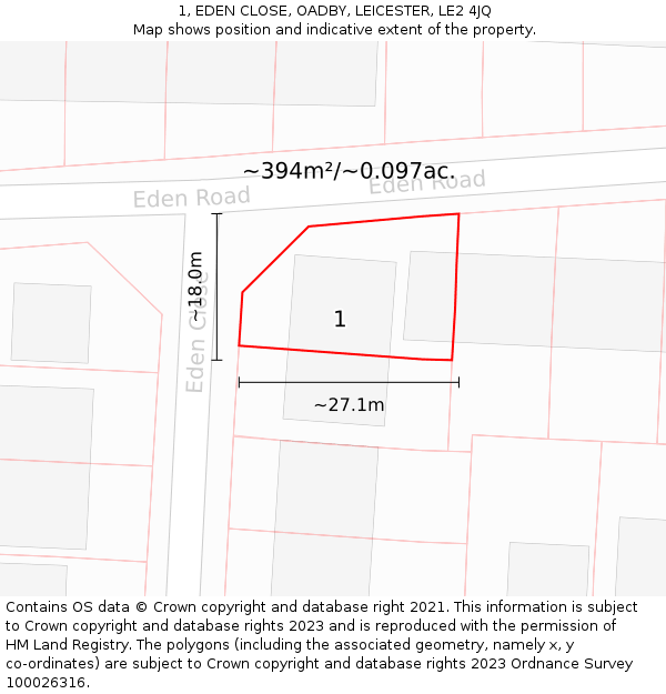 1, EDEN CLOSE, OADBY, LEICESTER, LE2 4JQ: Plot and title map