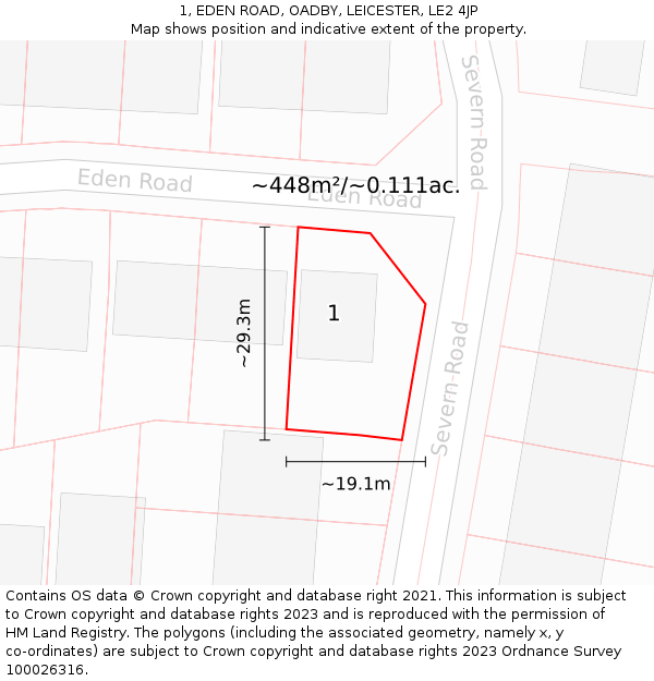 1, EDEN ROAD, OADBY, LEICESTER, LE2 4JP: Plot and title map