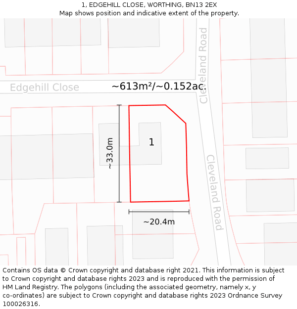 1, EDGEHILL CLOSE, WORTHING, BN13 2EX: Plot and title map