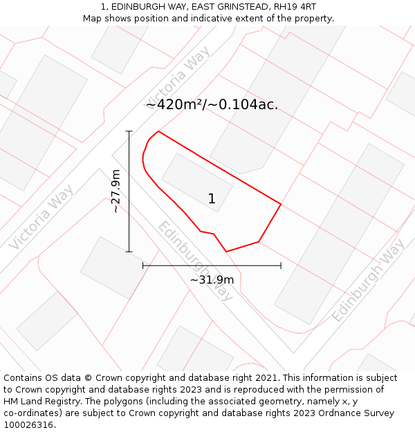 1, EDINBURGH WAY, EAST GRINSTEAD, RH19 4RT: Plot and title map