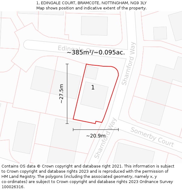 1, EDINGALE COURT, BRAMCOTE, NOTTINGHAM, NG9 3LY: Plot and title map