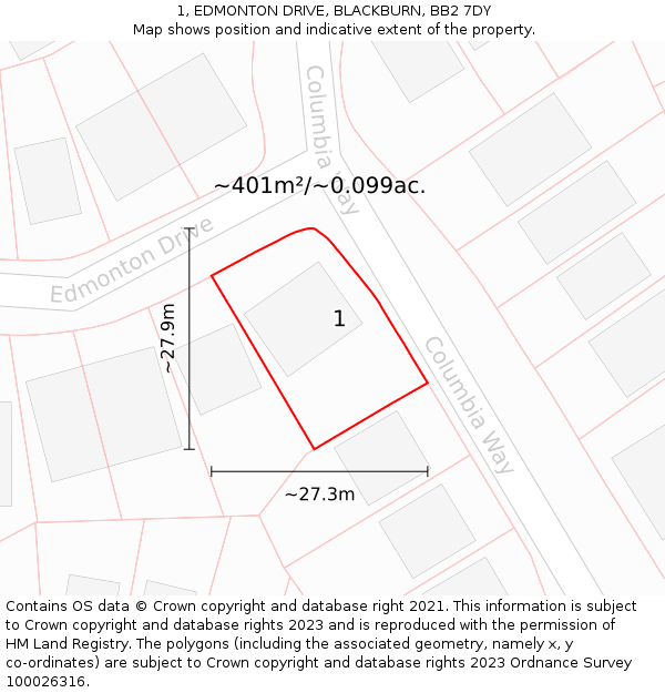 1, EDMONTON DRIVE, BLACKBURN, BB2 7DY: Plot and title map