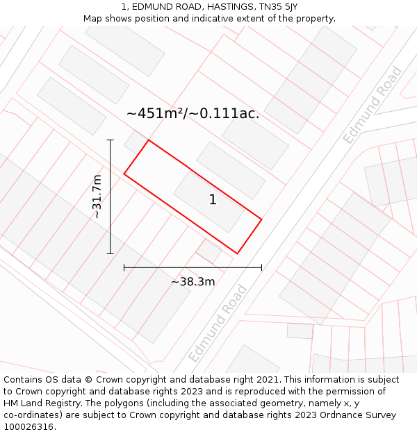 1, EDMUND ROAD, HASTINGS, TN35 5JY: Plot and title map