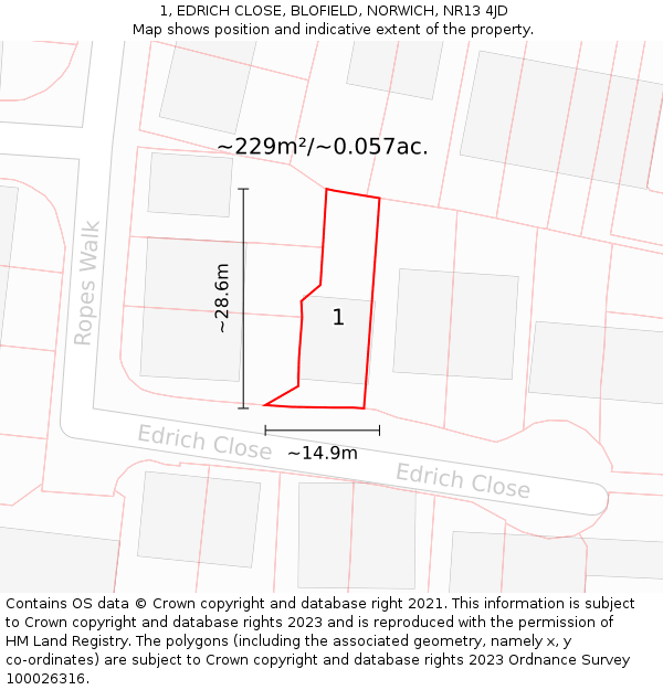 1, EDRICH CLOSE, BLOFIELD, NORWICH, NR13 4JD: Plot and title map