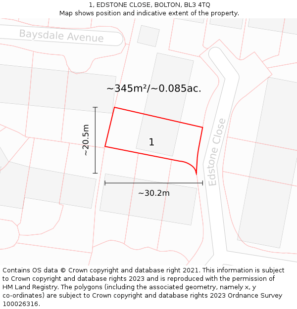 1, EDSTONE CLOSE, BOLTON, BL3 4TQ: Plot and title map