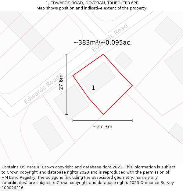 1, EDWARDS ROAD, DEVORAN, TRURO, TR3 6PP: Plot and title map