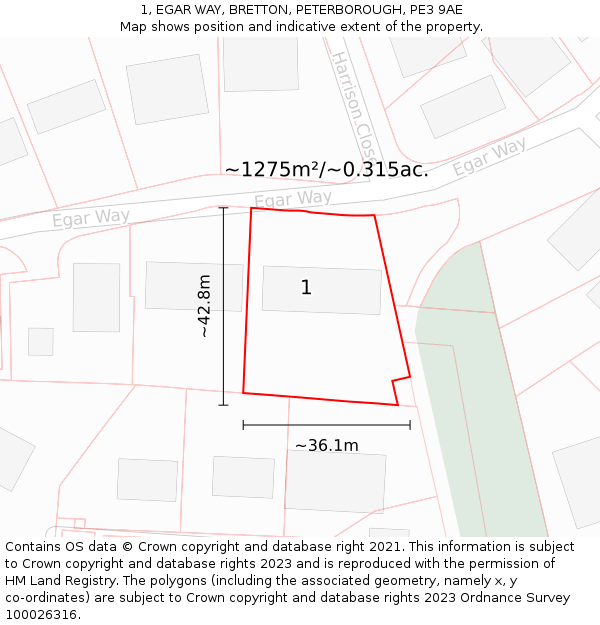 1, EGAR WAY, BRETTON, PETERBOROUGH, PE3 9AE: Plot and title map