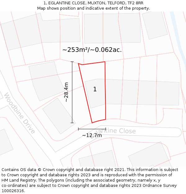 1, EGLANTINE CLOSE, MUXTON, TELFORD, TF2 8RR: Plot and title map