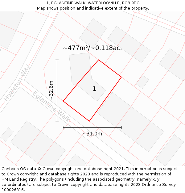 1, EGLANTINE WALK, WATERLOOVILLE, PO8 9BG: Plot and title map