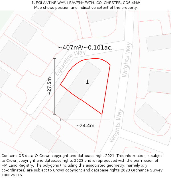 1, EGLANTINE WAY, LEAVENHEATH, COLCHESTER, CO6 4NW: Plot and title map