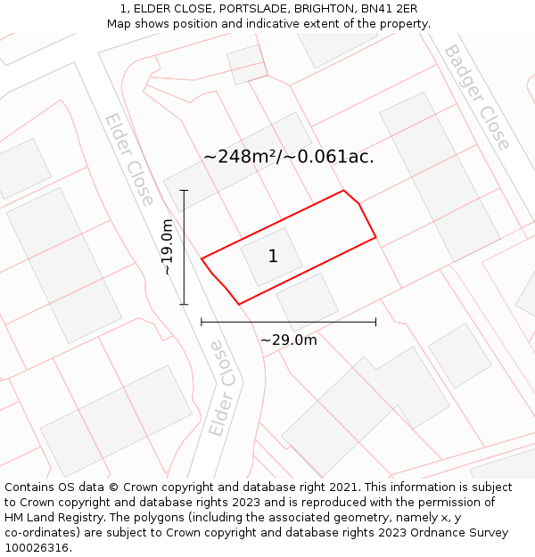 1, ELDER CLOSE, PORTSLADE, BRIGHTON, BN41 2ER: Plot and title map