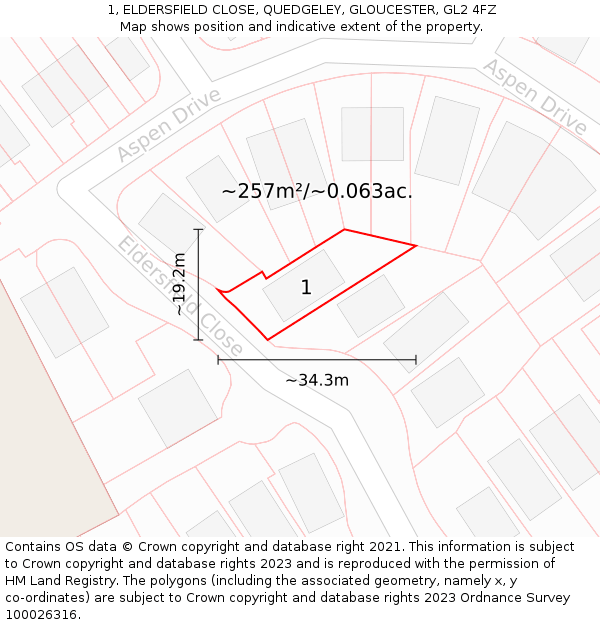 1, ELDERSFIELD CLOSE, QUEDGELEY, GLOUCESTER, GL2 4FZ: Plot and title map