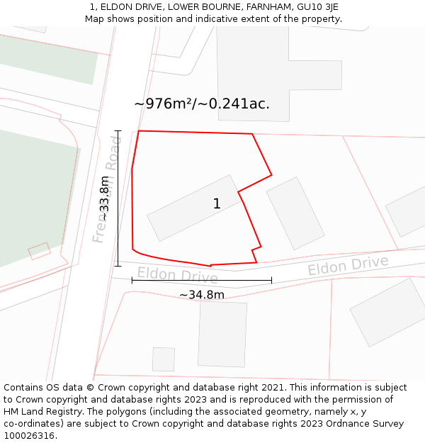 1, ELDON DRIVE, LOWER BOURNE, FARNHAM, GU10 3JE: Plot and title map