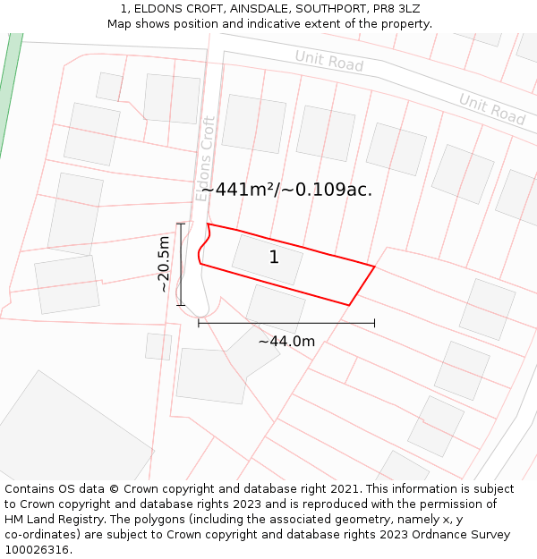1, ELDONS CROFT, AINSDALE, SOUTHPORT, PR8 3LZ: Plot and title map