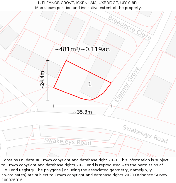 1, ELEANOR GROVE, ICKENHAM, UXBRIDGE, UB10 8BH: Plot and title map