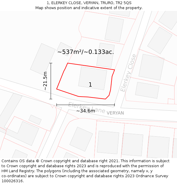 1, ELERKEY CLOSE, VERYAN, TRURO, TR2 5QS: Plot and title map