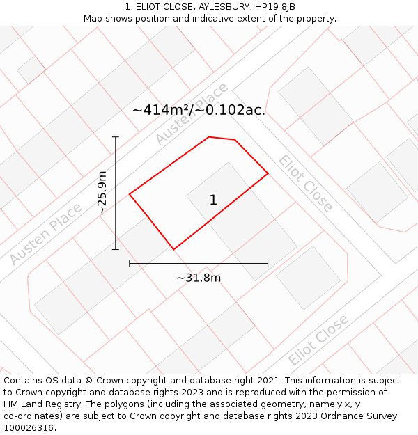 1, ELIOT CLOSE, AYLESBURY, HP19 8JB: Plot and title map