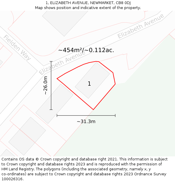1, ELIZABETH AVENUE, NEWMARKET, CB8 0DJ: Plot and title map