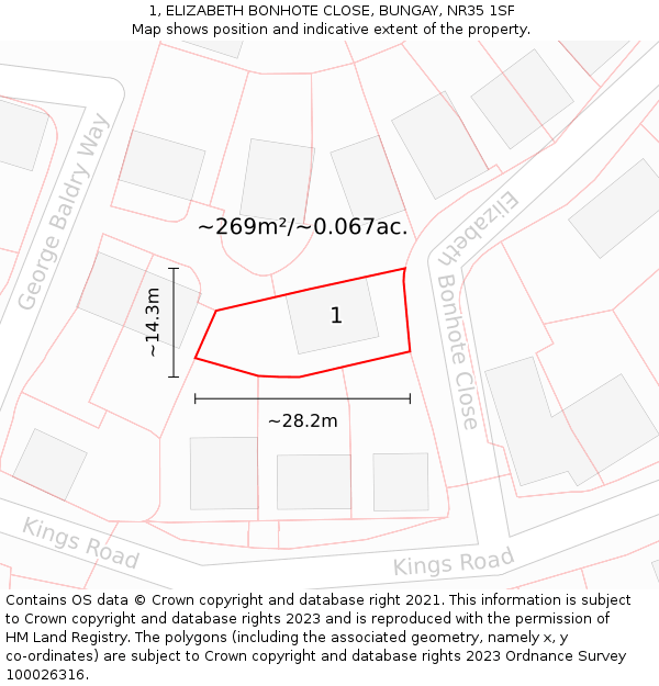 1, ELIZABETH BONHOTE CLOSE, BUNGAY, NR35 1SF: Plot and title map
