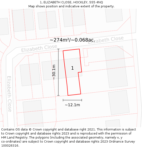 1, ELIZABETH CLOSE, HOCKLEY, SS5 4NQ: Plot and title map