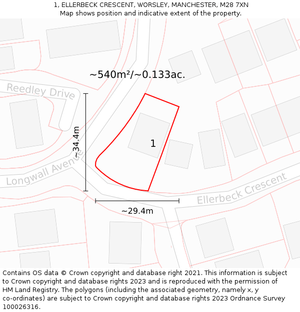 1, ELLERBECK CRESCENT, WORSLEY, MANCHESTER, M28 7XN: Plot and title map