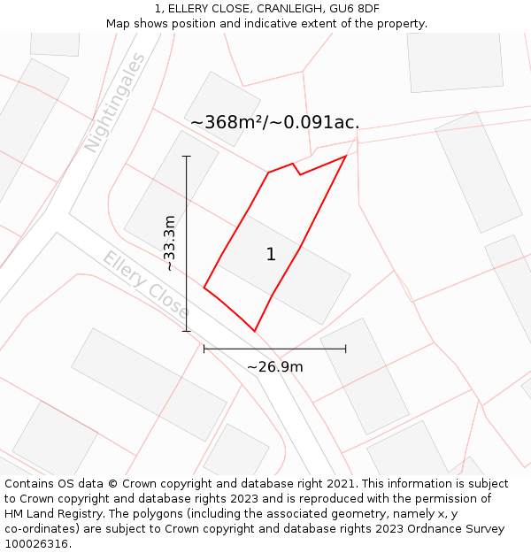 1, ELLERY CLOSE, CRANLEIGH, GU6 8DF: Plot and title map