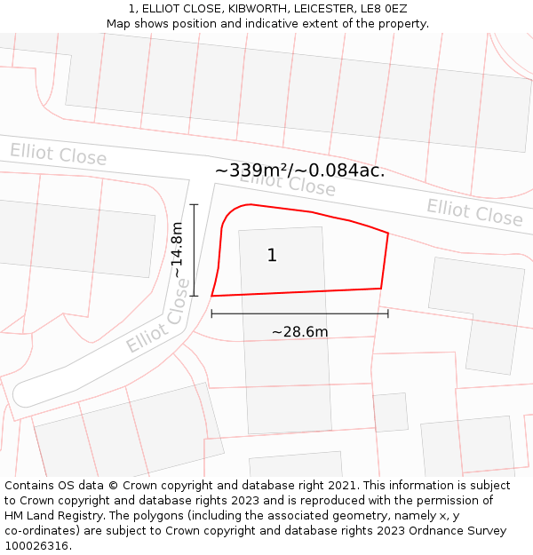 1, ELLIOT CLOSE, KIBWORTH, LEICESTER, LE8 0EZ: Plot and title map