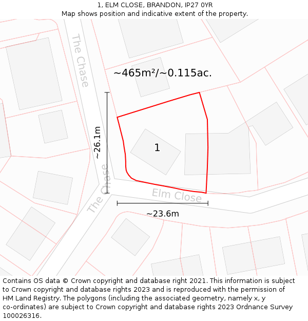 1, ELM CLOSE, BRANDON, IP27 0YR: Plot and title map