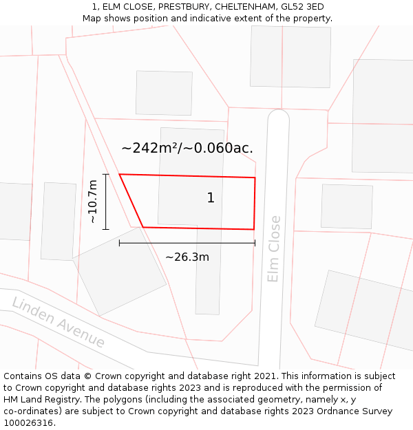 1, ELM CLOSE, PRESTBURY, CHELTENHAM, GL52 3ED: Plot and title map